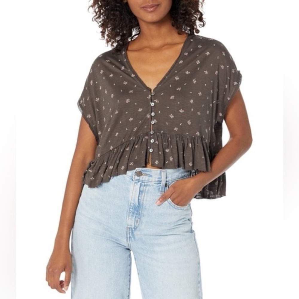 Lucky Brand Dark Brown Babydoll Floral Cropped Blouse